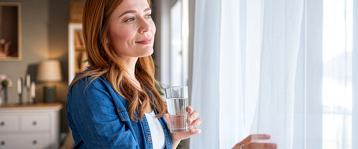 Eine junge Frau schaut träumerisch durch die Gardinen ihrer Fenster